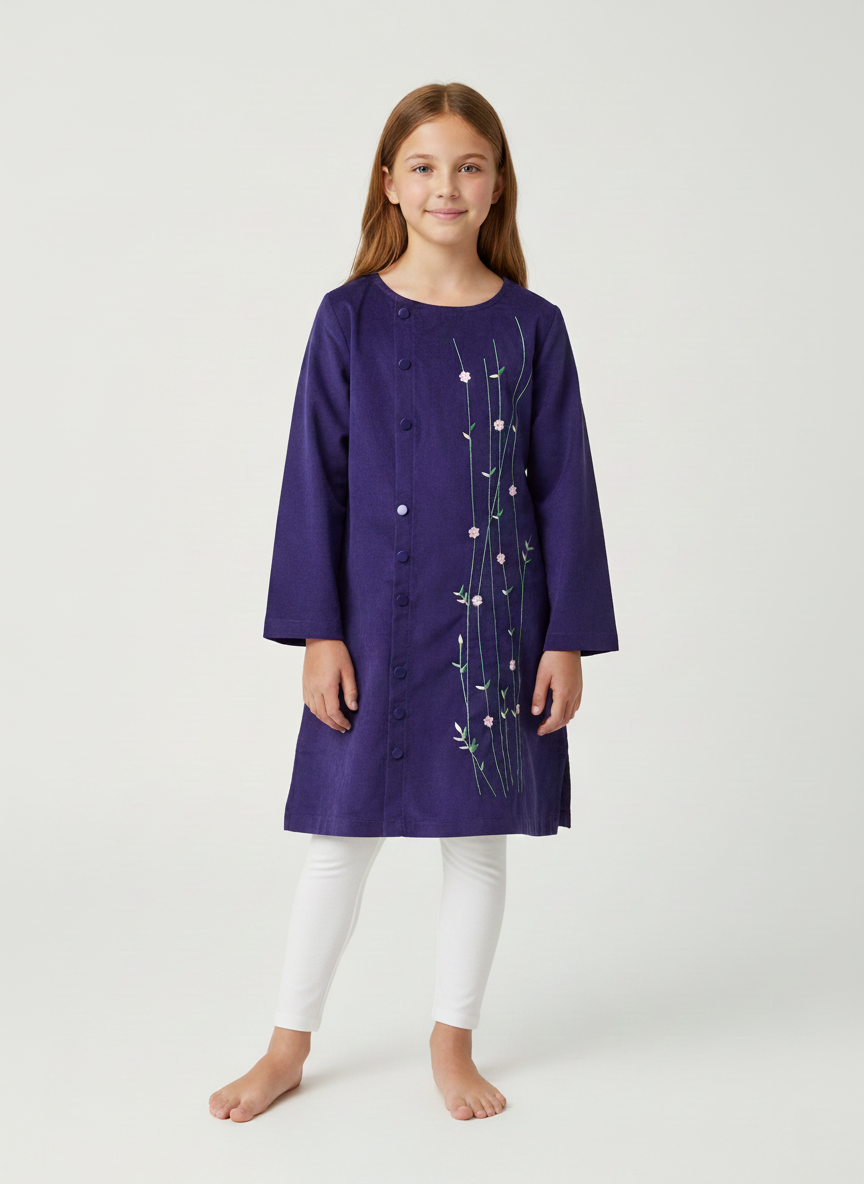 Blue Corduroy Top with Floral Embroidery