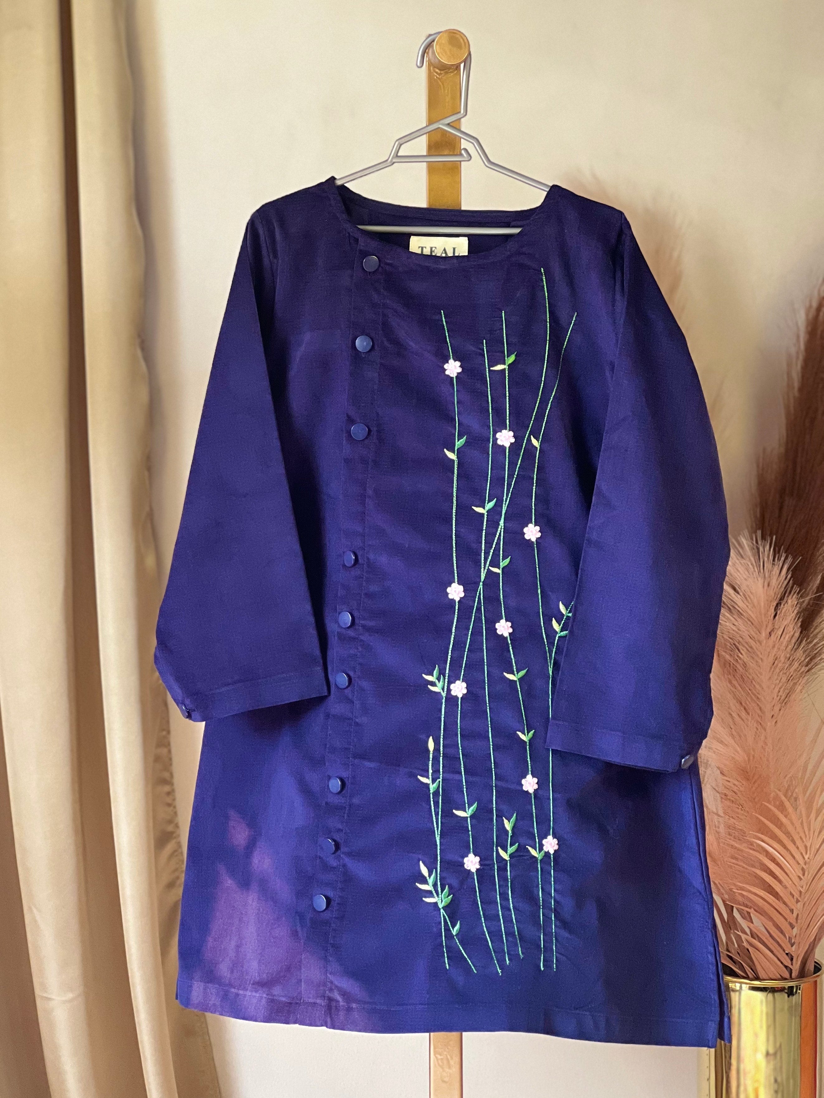 Blue Corduroy Top with Floral Embroidery